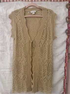 Vintage CW Classics Beige Crochet Knit Duster Cardigan Medium